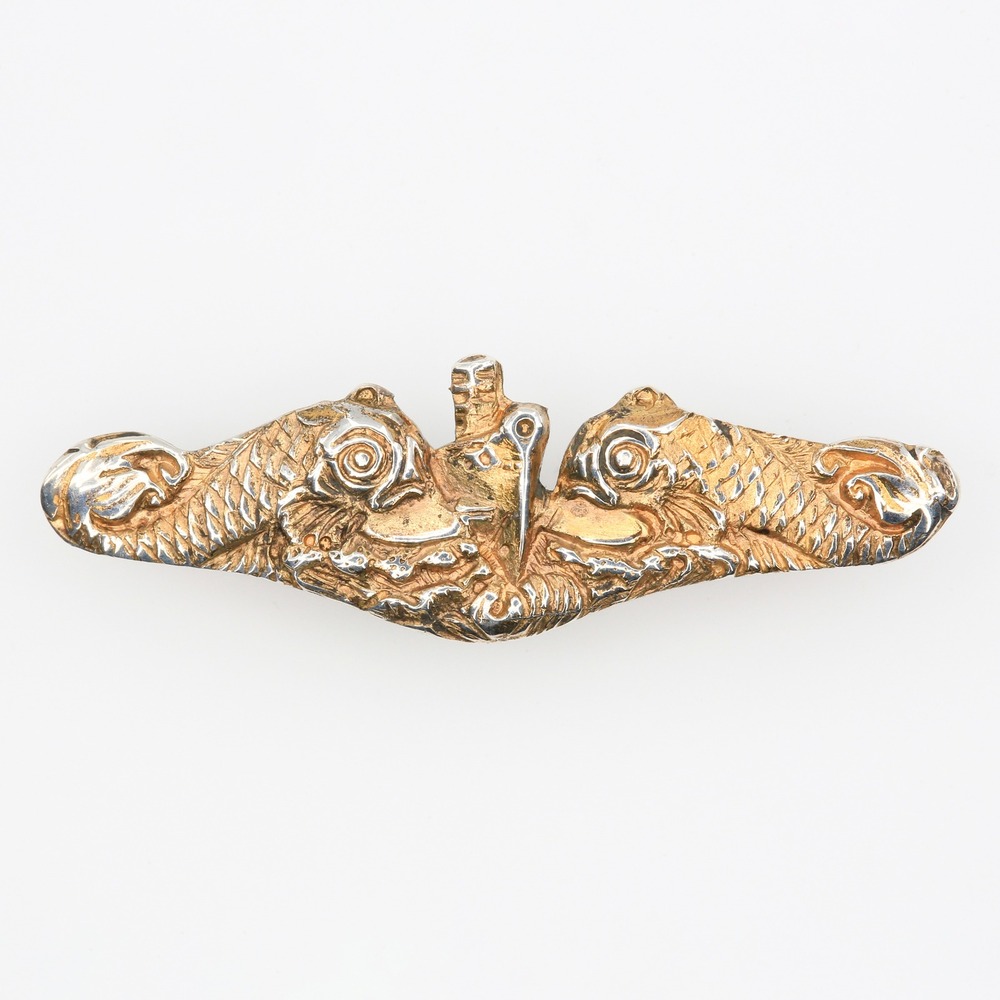 WWII US Navy Submarine Officer Dolphins Sterling Silver Gold Plated Pin 1940s